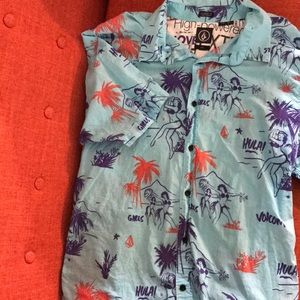 Volcom Blue Aloha Hula Girl Mens Button Down Shirt